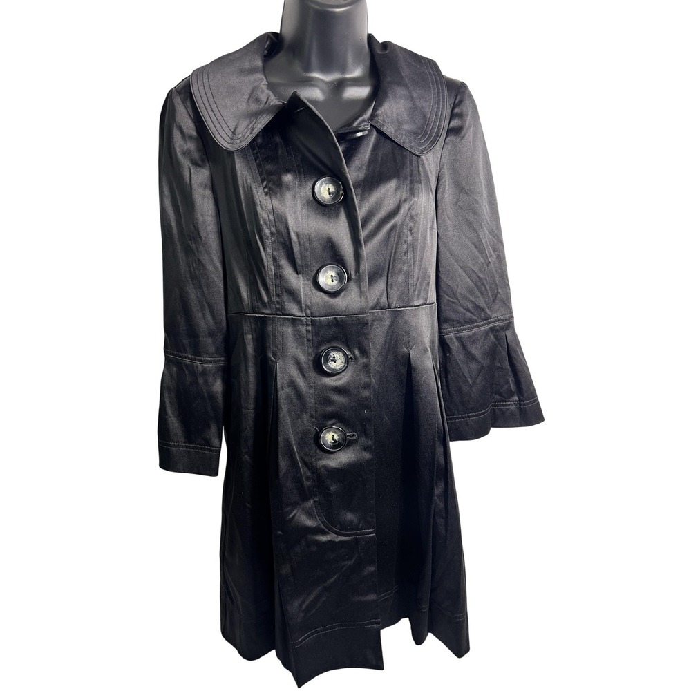 I.N. San Francisco Coat Womens Small Black Satin Dress Trench Jacket Button